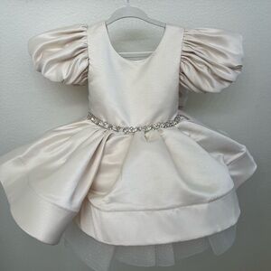 Ivory Dress with Rhinestones, Puff Sleeves, and detachable bow